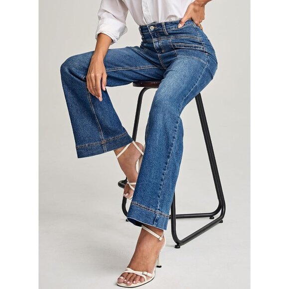 Women’s Wide Leg Jeans High Rise Stretchy Denim Casual Work Stylish - Picture 4 of 5